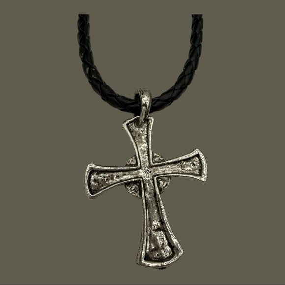 Silver Cross Pendant on Braided Leather with Eagle Head Clasp - Picture 3 of 5